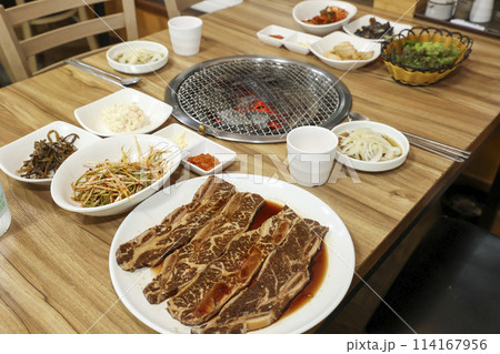 Korean style bbq. Marinated beef ribs Korean style bbq. Marinated beef ribs 114167956