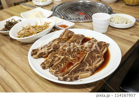 Korean style bbq. Marinated beef ribs 114167957