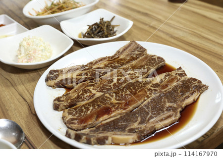 Korean style bbq. Marinated beef ribs 114167970