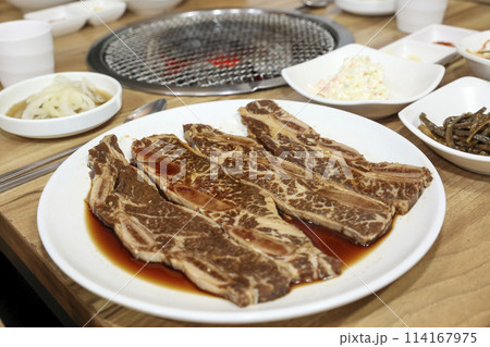 Korean style bbq. Marinated beef ribs 114167975