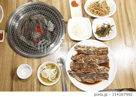 Korean style bbq. Marinated beef ribs 114167992