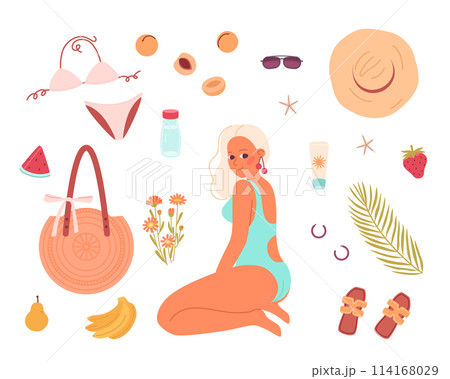 Bright summer set with girl in swimsuit and beach accessories. Different stuff for vacation bag straw water fruit shoes hat swimwear. 114168029