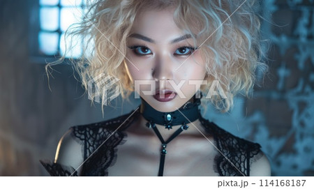 Teen Chinese Woman with Blond Curly Hair Goth style Illustration. 114168187