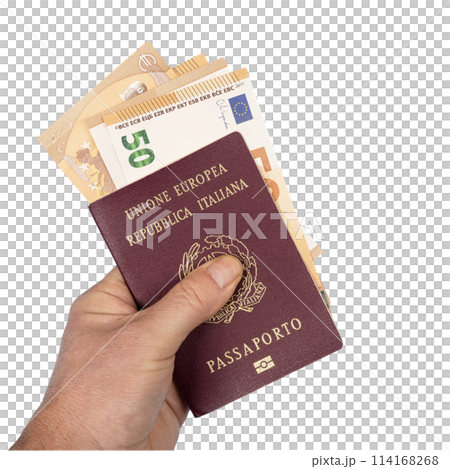 an Italian passport with euro banknotes 114168268