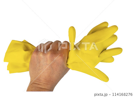 a yellow rubber cleaning glove 114168276