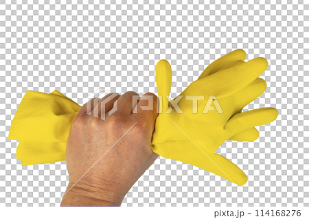 a yellow rubber cleaning glove 114168276
