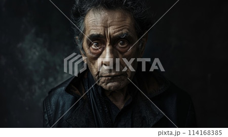 Old Latino Man with Brown Curly Hair Goth style Illustration. 114168385