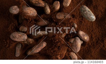 Freeze motion of flying group of cocoa beans. Freeze motion of flying group of cocoa beans. 114168403