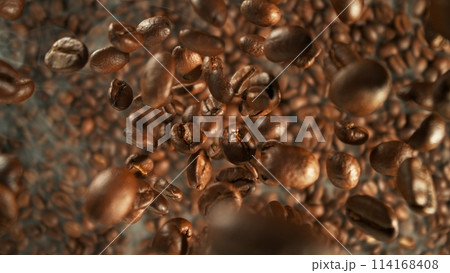 Freeze motion of flying coffee beans on pile. Freeze motion of flying coffee beans on pile. 114168408