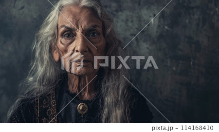Old Indian Woman with Blond Straight Hair Goth style Illustration. 114168410