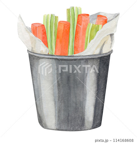 Hand-drawn watercolor illustration of snack bucket of carrots and celery 114168608