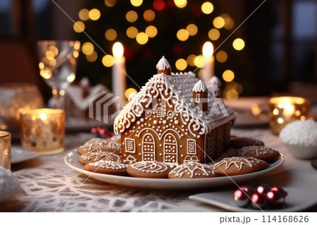 Gingerbread house on table. Defocused lights of Christmas garland. Evening in the living room. Holiday mood.  114168626