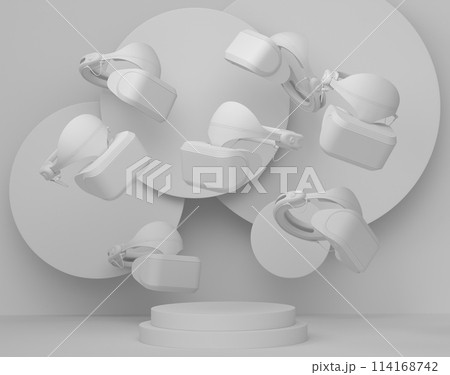 Set of video game VR virtual reality glasses on monochrome podium Set of video game VR virtual reality glasses on monochrome podium 114168742