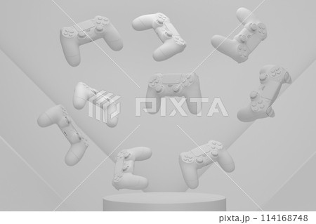 Set of video game joystick on cylinder podium with step on monochrome 114168748