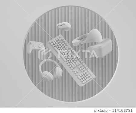 Set of video game joystick, VR glasses and headphones on monochrome podium 114168751