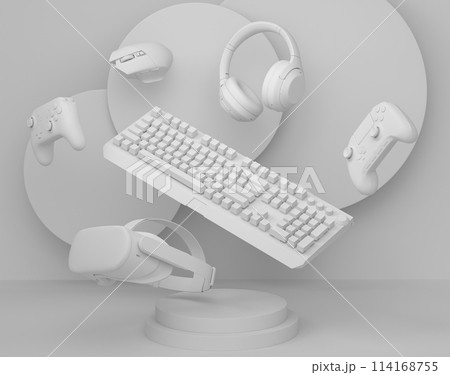 Set of video game joystick, keyboard and headphones on monochrome podium 114168755