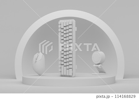 Set of mouse, keyboard and web camera on monochrome podium 114168829