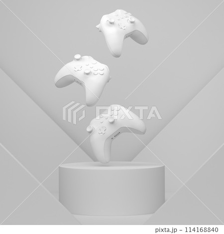 Set of video game joystick on cylinder podium with step on monochrome 114168840