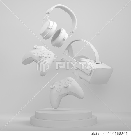 Set of video game joystick, VR glasses and headphones on monochrome podium Set of video game joystick, VR glasses and headphones on monochrome podium 114168841
