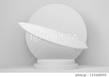 Surfboard for summer surfing on cylinder podium with step on monochrome Surfboard for summer surfing on cylinder podium with step on monochrome 114168859