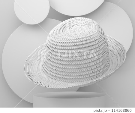 Vintage straw beach sun hat on cylinder podium with step on monochrome Vintage straw beach sun hat on cylinder podium with step on monochrome 114168860