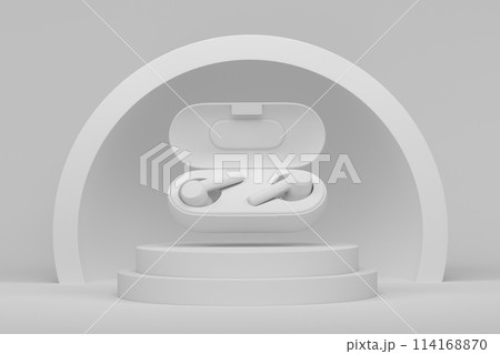 Realistic gaming headphones on cylinder podium with step on monochrome Realistic gaming headphones on cylinder podium with step on monochrome 114168870