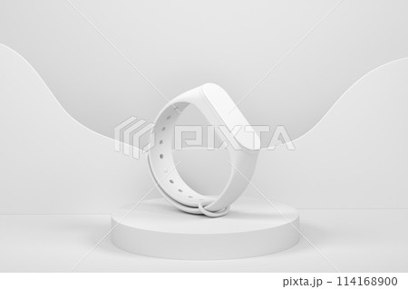Fitness tracker or smart watch on cylinder podium with steps on monochrome Fitness tracker or smart watch on cylinder podium with steps on monochrome 114168900