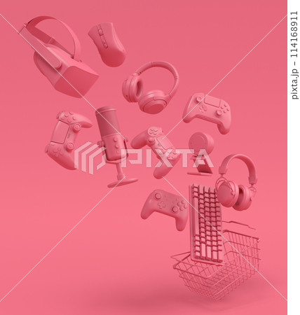 Gamer gears like mouse, keyboard, joystick, headset, VR in metal wire basket Gamer gears like mouse, keyboard, joystick, headset, VR in metal wire basket 114168911