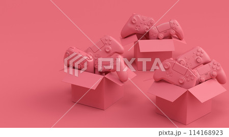 Set of gamer joysticks or gamepads in cardboard box on monochrome background Set of gamer joysticks or gamepads in cardboard box on monochrome background 114168923