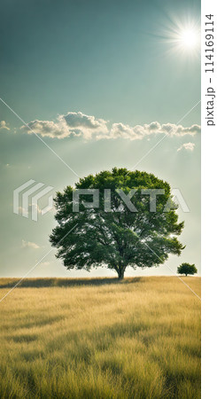 Minimalist summer landscape basking under the bright sun, sparse trees dotting the horizon, clear blue sky 114169114