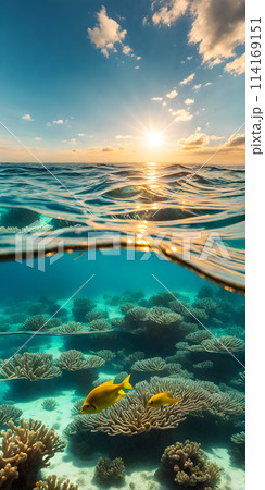 Midday sun casting a radiant glow on a calm azure sea, sunrays gently penetrating the crystal-clear waters Midday sun casting a radiant glow on a calm azure sea, sunrays gently penetrating the crystal-clear waters 114169151