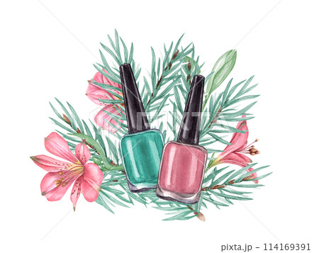 Pastel pink and green nail polish among flowers and spruce branches. Glass bottle with black cap. Composition in trendy colors for beauty, manicure. Watercolor illustration for greeting, label 114169391