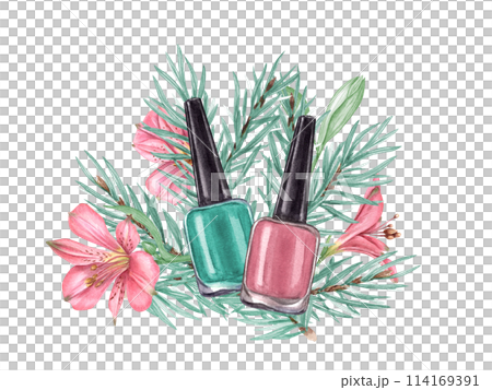 Pastel pink and green nail polish among flowers and spruce branches. Glass bottle with black cap. Composition in trendy colors for beauty, manicure. Watercolor illustration for greeting, label 114169391