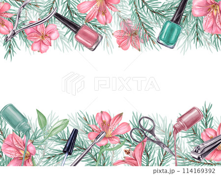 Horizontal frame with manicure tools and winter plants. Nail polish, steel scissors, nail clipper, pusher and nipper. Copy space for text. Pink flowers and green spruce branch. Watercolor illustration Horizontal frame with manicure tools and winter plants. Nail polish, steel scissors, nail clipper, pusher and nipper. Copy space for text. Pink flowers and green spruce branch. Watercolor illustration 114169392