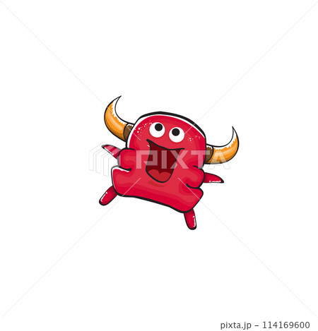 Vector cartoon funny red monster with mouth, eyes and horn isolated on white background. Smiling red cartoon monster print sticker design template. Ghost, troll, gremlin, goblin, devil and monster Vector cartoon funny red monster with mouth, eyes and horn isolated on white background. Smiling red cartoon monster print sticker design template. Ghost, troll, gremlin, goblin, devil and monster 114169600