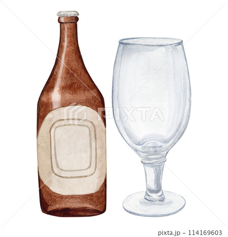 Hand-drawn watercolor illustration bottle of beer with empty glass for beer, watercolor international beer day. Composition for poster, card, banner, flyer, cover, playbill and other print Hand-drawn watercolor illustration bottle of beer with empty glass for beer, watercolor international beer day. Composition for poster, card, banner, flyer, cover, playbill and other print 114169603