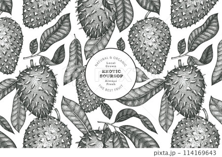 Hand drawn sketch style soursop fruit banner. Organic fresh fruit vector illustration. Retro guanabana design template 114169643