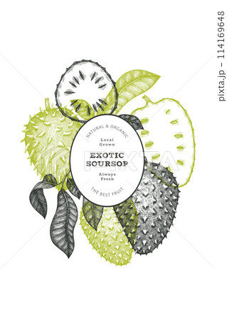 Hand drawn sketch style soursop fruit banner. Organic fresh fruit vector illustration. Retro guanabana design template Hand drawn sketch style soursop fruit banner. Organic fresh fruit vector illustration. Retro guanabana design template 114169648