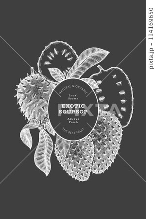 Hand drawn sketch style soursop fruit banner. Organic fresh fruit vector illustration on chalk board. Retro guanabana design template 114169650