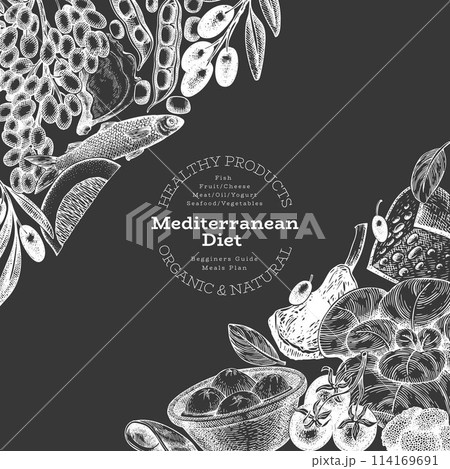 Mediterranean Cuisine Design Template. Vector Hand Drawn Healthy Food Banner. Vintage Style Menu Chalk Board Illustration. Mediterranean Cuisine Design Template. Vector Hand Drawn Healthy Food Banner. Vintage Style Menu Chalk Board Illustration. 114169691