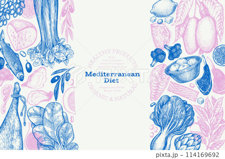 Mediterranean Cuisine Design Template. Vector Hand Drawn Healthy Food Banner. Vintage Style Menu Illustration. 114169692