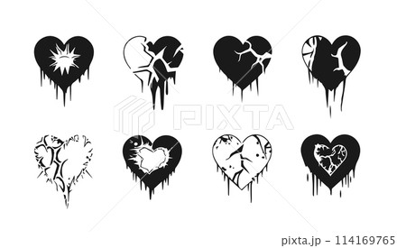 Broken heart gothic set vector illustration. Love symbol romance emo and sticker icon isolated white. Fashion shape silhouette abstract art and grunge decoration cartoon 114169765
