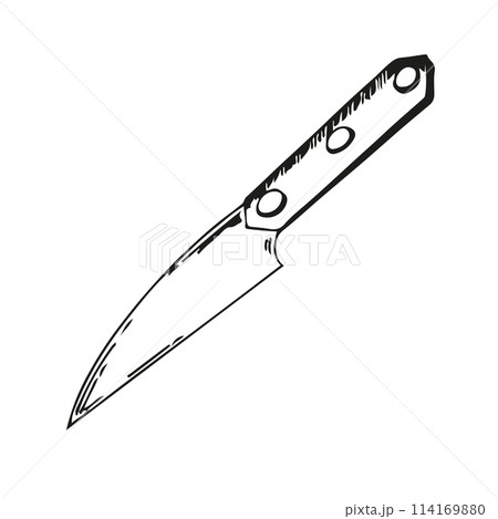 Kitchen knife. Kitchen equipment rendered in vector. Kitchen knife with a wide blade and handle drawn with a black outline. Suitable for kitchen design, fabric, tableware, packaging and scrapbooking. Kitchen knife. Kitchen equipment rendered in vector. Kitchen knife with a wide blade and handle drawn with a black outline. Suitable for kitchen design, fabric, tableware, packaging and scrapbooking. 114169880