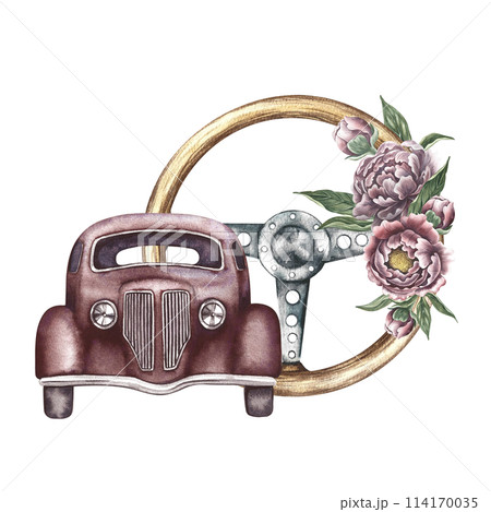 Vintage retro car front view. Antique wooden steering wheel decorated with vintage flowers. Watercolor illustration, made by hand, in isolation. For banner, flyer, poster, for print, sticker, postcard Vintage retro car front view. Antique wooden steering wheel decorated with vintage flowers. Watercolor illustration, made by hand, in isolation. For banner, flyer, poster, for print, sticker, postcard 114170035