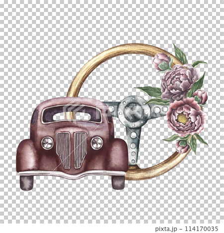 Vintage retro car front view. Antique wooden steering wheel decorated with vintage flowers. Watercolor illustration, made by hand, in isolation. For banner, flyer, poster, for print, sticker, postcard Vintage retro car front view. Antique wooden steering wheel decorated with vintage flowers. Watercolor illustration, made by hand, in isolation. For banner, flyer, poster, for print, sticker, postcard 114170035