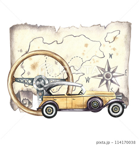 Vintage retro ocher colored car and wooden retro car steering wheel with vintage map. Watercolor illustration made by hand, isolated. For banners, flyers, posters. For prints, stickers, postcards. 114170038