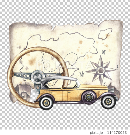 Vintage retro ocher colored car and wooden retro car steering wheel with vintage map. Watercolor illustration made by hand, isolated. For banners, flyers, posters. For prints, stickers, postcards. 114170038