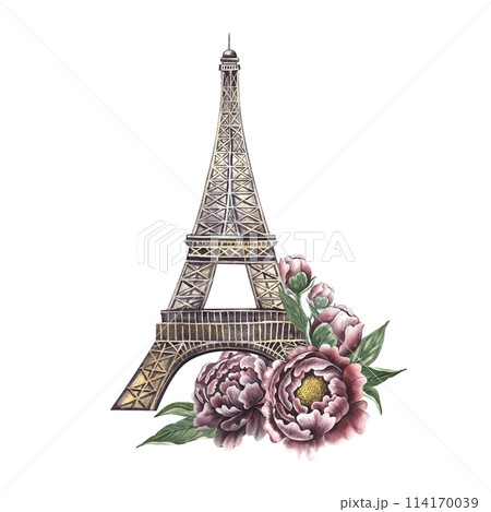 Eiffel Tower decorated with vintage peonies. A hand-drawn watercolor illustration. Isolate it. The sights of France. Designed for flyer, banner and postcard. For invitation, poster and sticker, print. 114170039