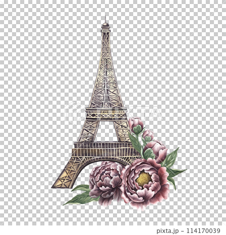 Eiffel Tower decorated with vintage peonies. A hand-drawn watercolor illustration. Isolate it. The sights of France. Designed for flyer, banner and postcard. For invitation, poster and sticker, print. 114170039