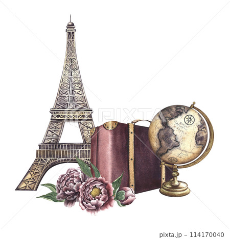 Eiffel tower. A hand-drawn watercolor illustration. Isolate. The sights of France. Designed for flyers, banners and postcards. For invitations, posters and stickers. for stickers and prints. Eiffel tower. A hand-drawn watercolor illustration. Isolate. The sights of France. Designed for flyers, banners and postcards. For invitations, posters and stickers. for stickers and prints. 114170040